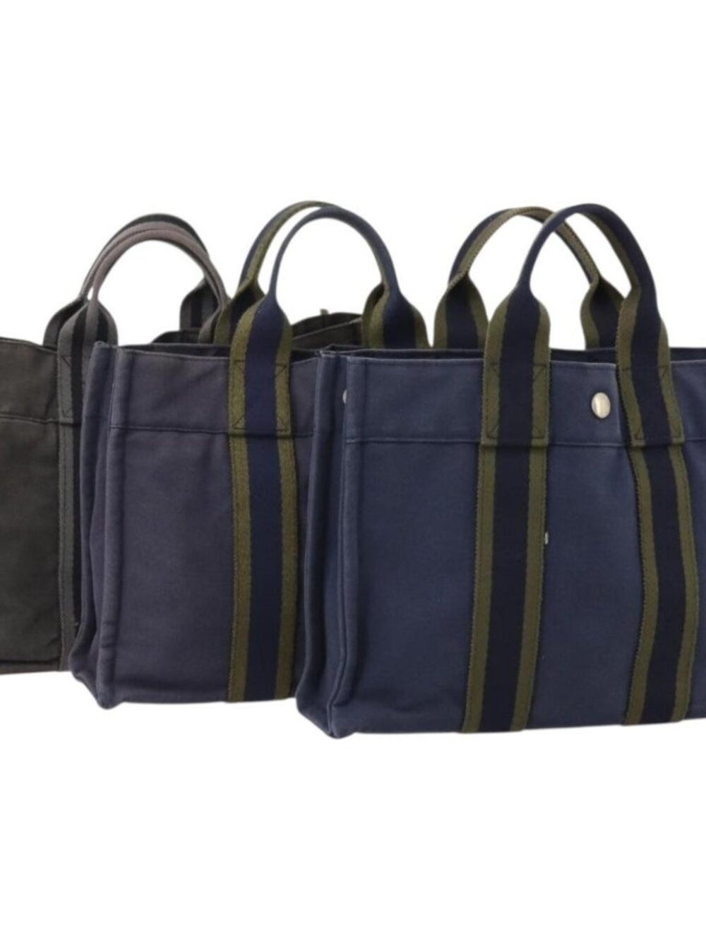 HERMES Fourre Tout PM Hand Bag Canvas 3 Set Navy Black Auth 175803